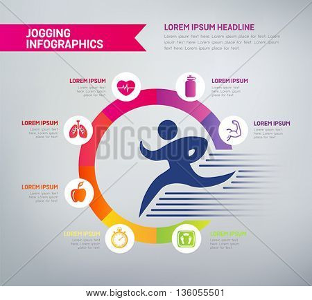 Jogging infographics with icons - benefits of jogging in a diagram. Health improvements, muscle strength, mental health, weight loss.