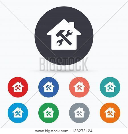 Service house. Repair tool icon. Service symbol. Flat house service icon. Simple design house service symbol. House service graphic element. Circle buttons with house service icon. Vector