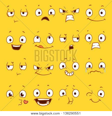 Cartoon faces with different expressions vector set. Sad and happy emotions faces, angry and funny smile emotion illustration