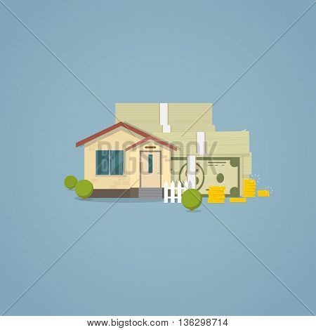 Flat classical house with white fence and bushes with pile of cash and stack of golden coins behind house. Vector concept illustration real estate and house loan and home sales.