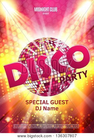 Disco party poster. Background party with disco ball.