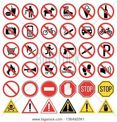 Prohibition signs set vector illustration. Warning danger symbol prohibiting signs. Forbidden safety information prohibiting signs. Protection signs no pet warning information sign.