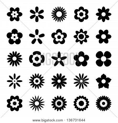 Black flower icons isolated on white background. Set of black floral icons. Flowers in flat design style. Flower silhouette symbols in black and white colors. Vector illustration in EPS8 format.