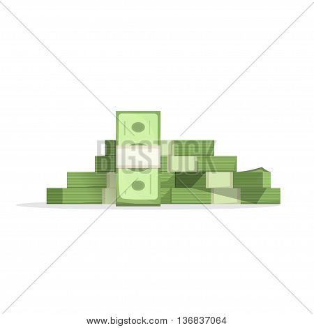 Big pile of money vector illustration, heap of cash flat cartoon style, American dollars, pack, packet, parcel, batch, flock, package modern design isolated on white background