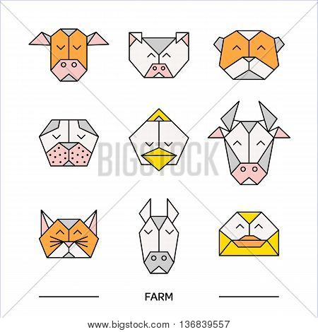 Low poly front view animal heads. Animal polygonal. Vector low poly animals. Low poly line design icon set. Vector low poly animals for tattoo or coloring book. Low poly farm animals collection.