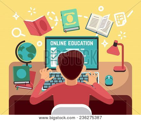 Student Or School Boy Studying On Computer. Online Lesson And Education Vector Concept. Student At C