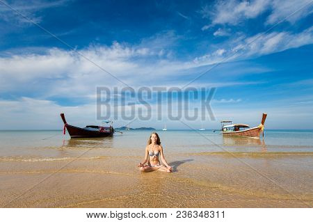 Tropical Summer Yoga Session On Beautiful Charlie Haad Farang Beach, Koh Mook Island In Thailand. Me