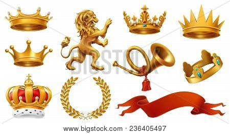 Gold Crown Of The King. Laurel Wreath, Trumpet, Lion, Ribbon. 3d Vector Icon Set