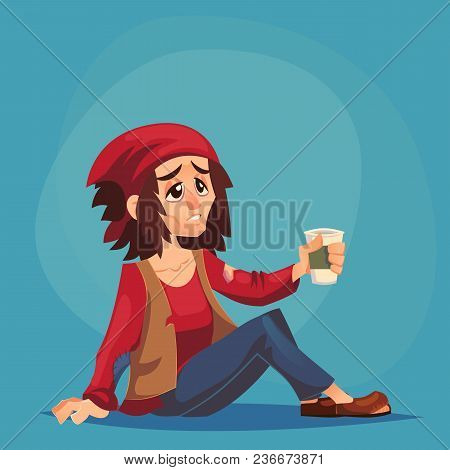 Homeless Bum Poor Abused Woman Adult Beg Money And Need Help Isolated Cartoon Design Vector Illustra