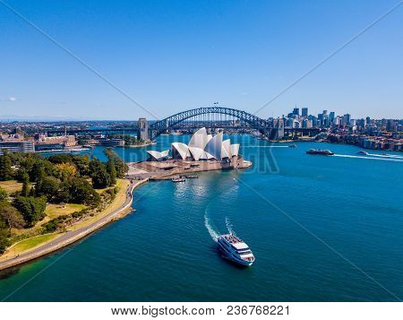 Sydney, Australia. April 10, 2017. Amazing Aerial View Of The Sydney City From Above With Harbour Br