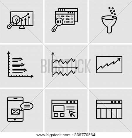 Set Of 9 Simple Editable Icons Such As Table For Data, Data Import Interface, Data Analytics Bars, D