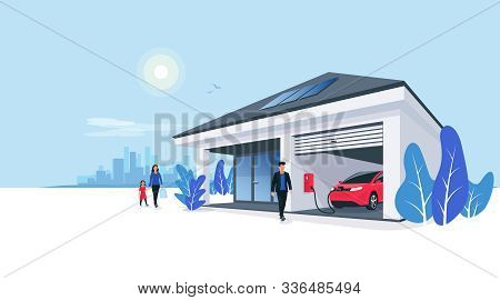 Electric Car Parking Charging At Smart House Garage Wall Box Charger Station Stand At Family Home. R