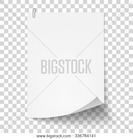 White Sheet Of Paper With Metal Paper Clip. Metal Paper Clip Attached To Paper. Vector Illustration.