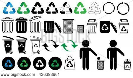 Recycling Icon Set, Recycle Vector Illustration, Trash Icon, Recycling Logo, Eco Bag, Bin, Trash Car