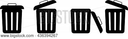 Trash Can Vector Icon. Delete Sign - Garbage Can With Lid Open - Two Open Dumps And One With Lid