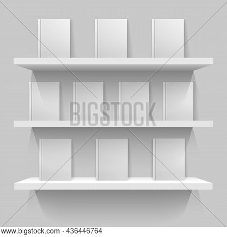 White Mockup Bookshelves. Brochures Lighting Rack, Shelves With Blank Books Volumes, Decorative Wall