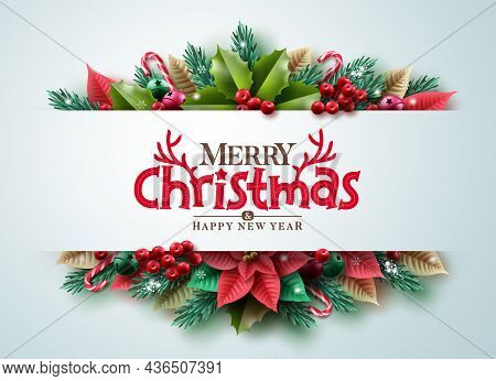 Merry Christmas Greeting Text Vector Background. Christmas Typography In Empty Space With Xmas Garla