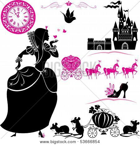 Fairytale Set - Silhouettes Of Cinderella, Pumpkin Carriage With Mouses, Castle And Clock.