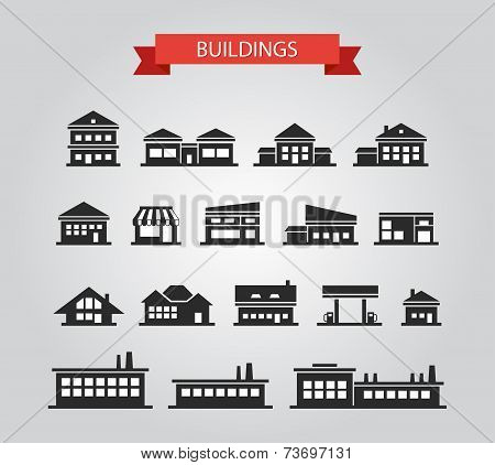 Set of flat design buildings pictograms