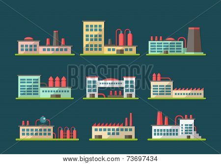 Set of flat design industrial buildings pictograms