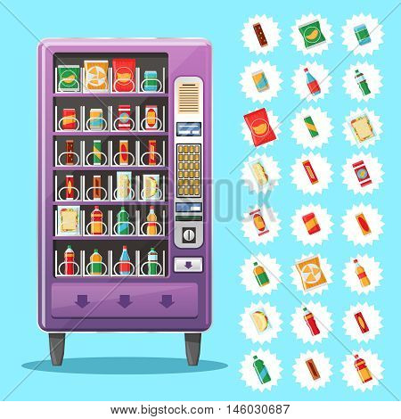 Vending machine with snacks and drinks. Machine automatic, public vending, snack drink, purchase food. Vector illustration