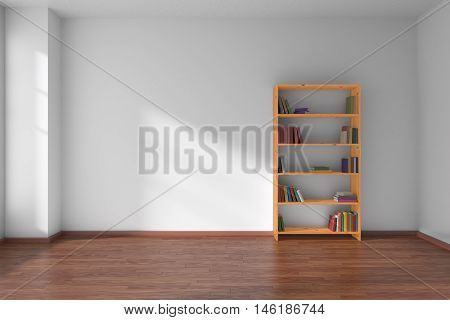 Empty room with white wall dark wooden parquet floor and wooden bookshelf with many color books on shelves with light from window on white wall and parquet floor minimalist interior 3D illustration