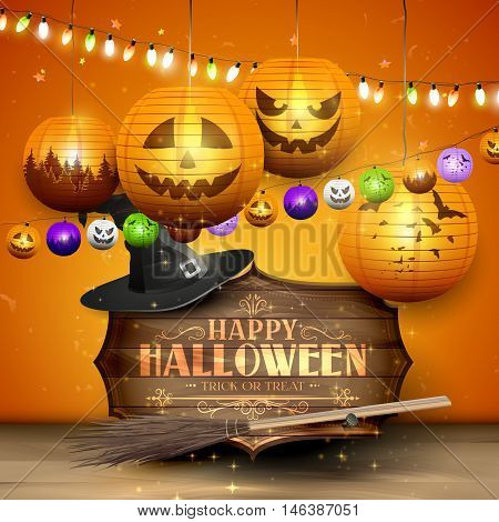 Happy Halloween greeting card with wooden sign old hat broom paper lanterns on orange background