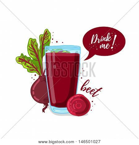 Design Template banner, poster, icons beet smoothies. Illustration of beet juice Drink me. Freshly squeezed vegetable beet juice for healthy life. A glass of juice in doodle cute style. Vector