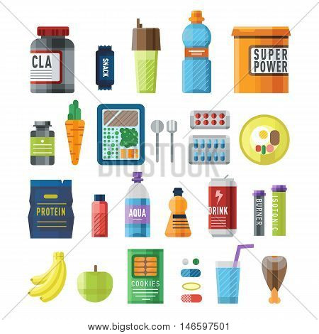 Sports nutrition food icons in flat style detailed vector illustration. Sports food nutrition healthy food and sports nutrition fitness diet. Sports nutrition food bodybuilding proteine power drink