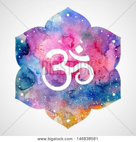 Om sign in lotus flower. Rainbow watercolor texture. Vector isolated. Spiritual Buddhist, Hindu symbol