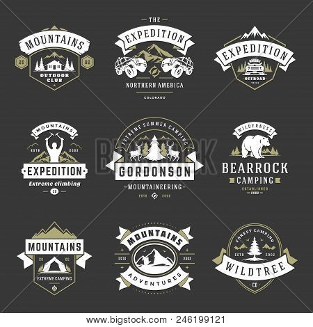 Camping Logos Templates Vector Design Elements And Silhouettes Set, Outdoor Adventure Mountains And 