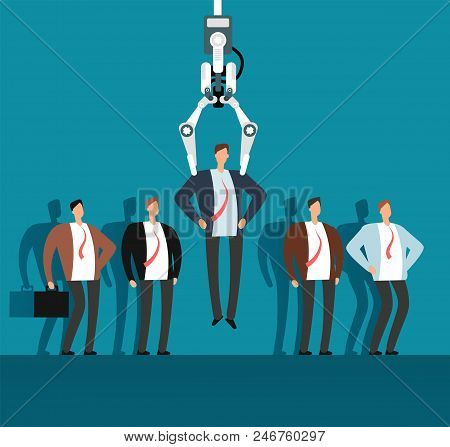 Robot Recruiter With Industrial Claw Choosing Man From Selected Group Of People. Recruitment, Employ