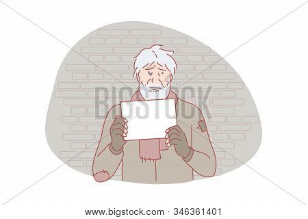 Homeless, Poverty, Social Problem, Request Concept. Homeless, Poor, Sad Man With Request Letter. Ask