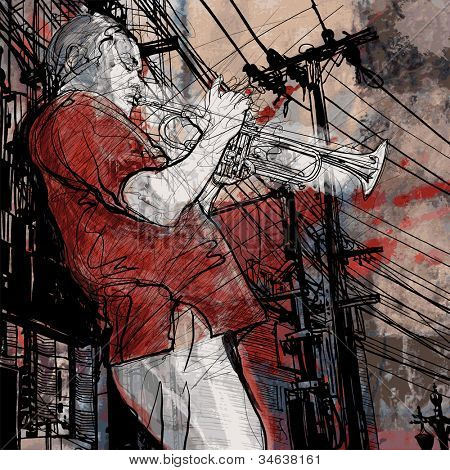 Illustrazione vettoriale di un musicista di tromba musica jazz su uno sfondo di paesaggio urbano grunge