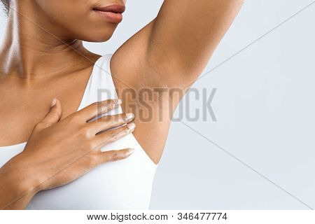 Cropped Of Black Woman Smelling Her Armpit, Under Arms Hyperhidrosis, Copy Space