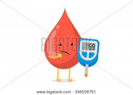 Cute Cartoon Doubt Blood Drop Character With Glucometer. Diabetic Glucose Measuring Device With Bord