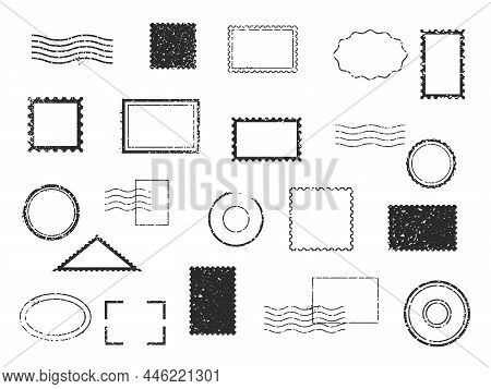 Postal Watermark. Blank Different Types Stamp Frames. Black Imprints. Travel Stickers And Labels. Po