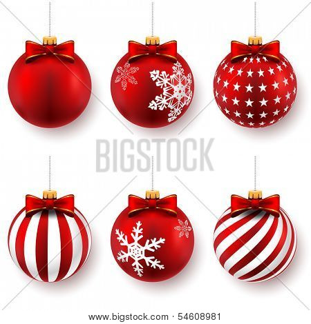 Red christmas balls on gift bows isolated on white. Set. Vector illustration. 