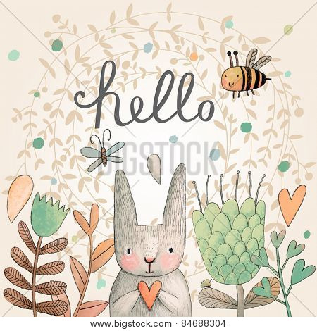 Stunning card with cute Rabbit, butterfly and bee in summer flowers. Awesome background made in watercolor technique. Bright easter concept card with hello text in vector