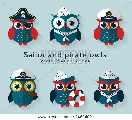 Sailor And Pirate Owl. Vector Set.