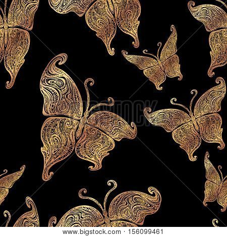 Seamless pattern of ornamental Boho style elements of butterflies. Hand Drawn vector illustration tattoo template. Modern stylish and trendy style for prints and fabric printing. Hippie designs.