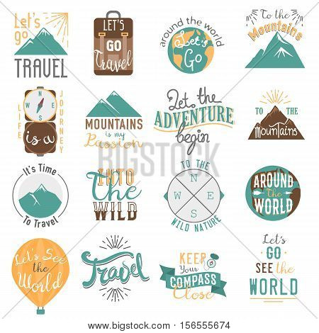 Vintage typography travel motivation bage adventure vector set. Adventure poster emblem travel motivation badge lettering element. Travel motivation badge typography label concept.