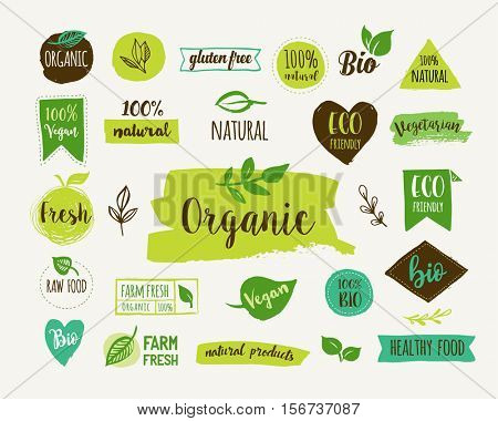 Bio, Ecology, Organic logos and icons, labels, tags. Hand drawn bio healthy food badges, set of raw, vegan, healthy food signs, organic and elements set