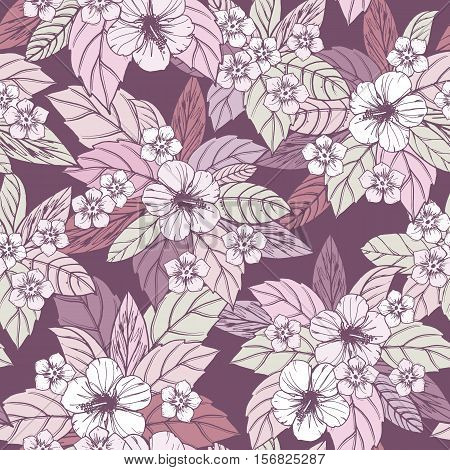 Autumn floral seamless pattern with hibiscus flowers, vector illustration.