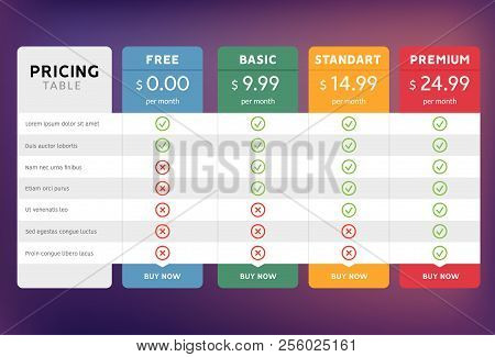 Pricing Table Design For Business. Price Plan Web Hosting Or Service. Table Chart Comparison Of Tari