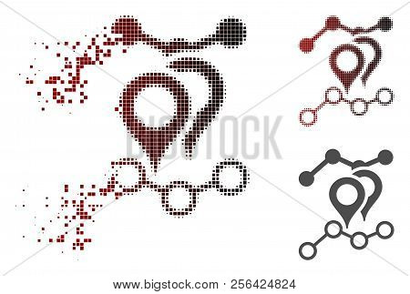 Geotargeting Charts Icon In Dispersed, Dotted Halftone And Undamaged Whole Versions. Cells Are Combi