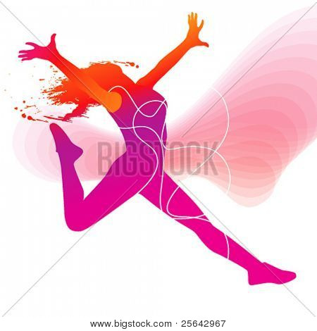 The dancer. Colorful silhouette with lines and sprays on abstract background. Vector illustration.