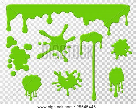 Dripping Slime. Green Goo Dripping Liquid Snot, Blots And Splashes. Cartoon Slime Splodges Vector Se