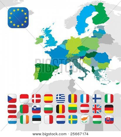 El mapa de la Unión Europea y todas las banderas de los países de EU