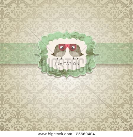 Cute wedding invitation card with vintage ornament background.